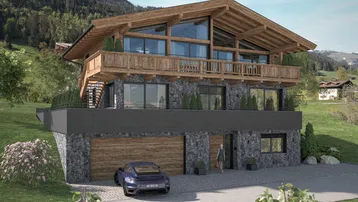 Rendering eines luxuriösen Chalets mit Holz- und Steinfassade, großzügigen Fenstern und integrierter Garage in alpiner Umgebung.