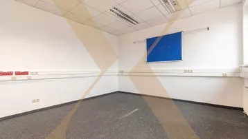 Leeres Büro mit grauen Teppichboden, weißen Wänden und Deckenleuchten, bereit zur individuellen Gestaltung.