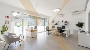 Modernes Büro mit Empfangsbereich, Arbeitsplätzen und großen Fenstern für viel Tageslicht.