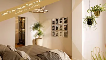 Modernes Schlafzimmer mit bequemen Bett, integriertem begehbarem Kleiderschrank und stilvoller Dekoration.