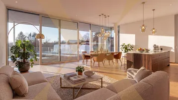 Heller, offener Wohn- und Essbereich mit moderner Küche, großen Fenstern und Zugang zur Terrasse.