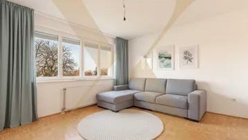 Helles Wohnzimmer mit beigem Parkettboden, einem Ecksofa und Blick ins Grüne.