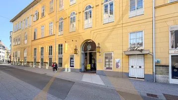 Historisches gelbes Gebäude mit klassischer Architektur und einem großen Bogenportal an der Straße.