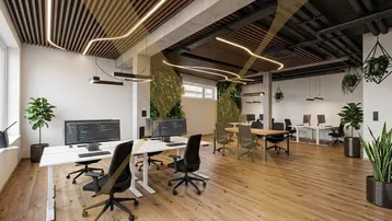 Moderner Büroraum mit Holzboden, Deckenpaneelen und vertikalen Gärten für eine angenehme Arbeitsatmosphäre.