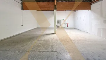Großer, leerer Industrieraum mit Betonboden, weißen Wänden und sichtbaren Holzträgern, ideal für Lager oder Produktion.