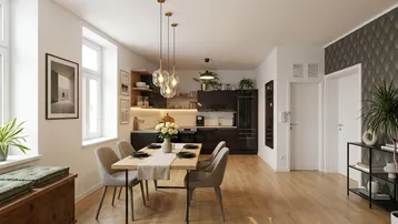 Moderne offene Küche mit Essbereich, dunklen Schränken und Holzboden in hellem Ambiente.