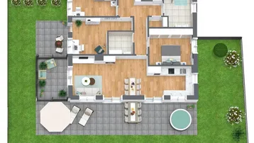 Detaillierter Grundriss einer Wohnung mit Garten, großer Terrasse und Whirlpool.