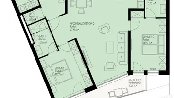 Detaillierter Grundriss einer Wohnung mit offenem Wohn-Essbereich, zwei Schlafzimmern, zwei Bädern und Balkon.