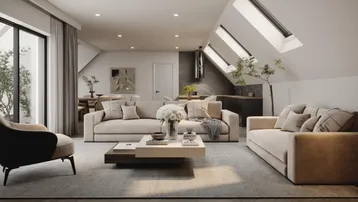 Modernes, offenes Wohnzimmer mit Dachfenstern, beigen Sofas und integrierter Küche.