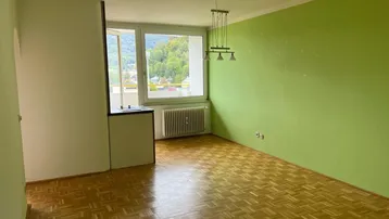 Helles Wohnzimmer mit Parkettboden, grüner Wand und Blick auf die umliegende Landschaft.