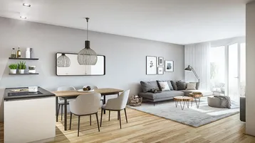 Moderner offener Wohn- und Essbereich mit integrierter Küchenzeile, hellem Holzboden und Zugang zum Balkon.