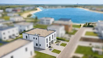Moderne Doppelhaushälfte mit Flachdach und Seeblick in einer neuen Siedlung.