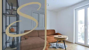 Helles Wohnzimmer mit modernem Sofa, Holzboden und Zugang zu großen Fenstern.
