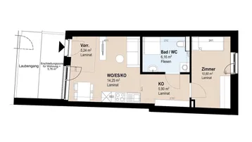 Detaillierter Grundriss der Wohnung mit Aufteilung in Vorraum, Wohn-Ess-Kochbereich, Bad/WC und Zimmer.