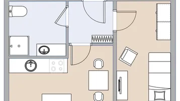 Grundriss einer kleinen Wohnung mit separatem Schlafzimmer und offenem Wohnbereich.