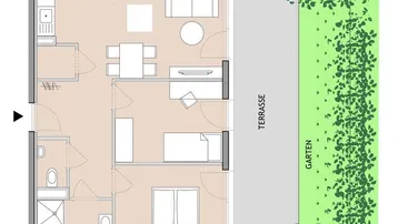 Grundriss einer Wohnung mit Terrasse und Gartenbereich, zeigt die Raumaufteilung und Zugänge.