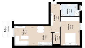 Übersichtlicher Grundriss einer Wohnung mit Balkon, offenem Wohnbereich und separatem Zimmer.