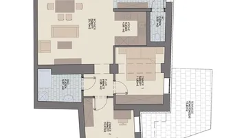 Grundriss einer Wohnung mit offenem Wohnbereich, zwei Schlafzimmern, Bad, separatem WC und großer Terrasse.