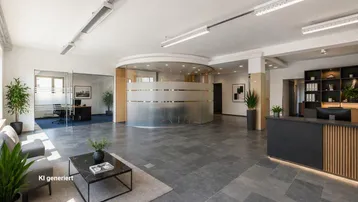 Modernes Büro-Foyer mit Empfangsbereich, Sitzgelegenheiten und Glaswänden für Besprechungsräume.