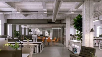 Modernes Großraumbüro mit Sichtbetonwänden, hohen Decken und industriellem Design.