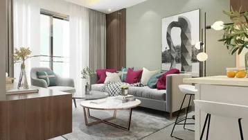 Modernes Wohnzimmer mit hellem Fliesenboden, bequemer Couch und Zugang zum Balkon.
