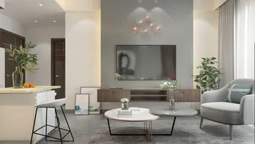 Modernes Wohnzimmer mit TV-Wand, bequemen Sitzgelegenheiten und offener Küchenzeile.