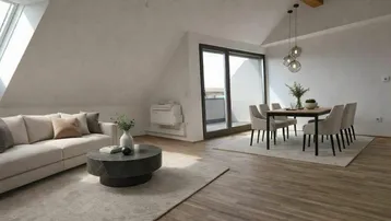 Helles Wohn- und Esszimmer im Dachgeschoss mit Holzbalken, Parkettboden und Zugang zur Terrasse.