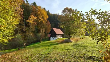 Haus in ländlicher Umgebung mit Herbstbäumen und grüner Wiese unter blauem Himmel.