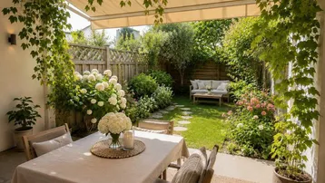 Gemütliche Terrasse mit Essbereich unter einer Pergola und Blick auf den gepflegten Garten mit Rasenfläche.