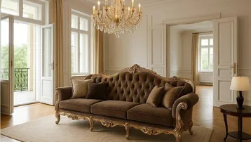 Elegantes Wohnzimmer mit opulentem Sofa, Kronleuchter und Zugang zu einem französischen Balkon.