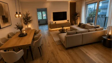 Geräumiger Wohn- und Essbereich mit Holzboden, moderner Beleuchtung und Zugang zum Balkon.