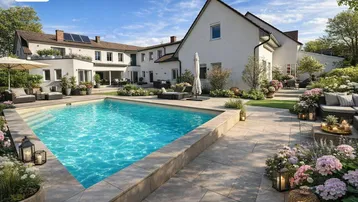 Großzügiger Außenbereich mit Pool, Sonnenterrasse und gepflegtem Garten vor dem Anwesen.