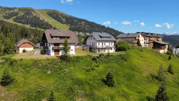 Mehrere Häuser auf einem grünen Hügel mit Bergblick und Skipisten im Hintergrund.