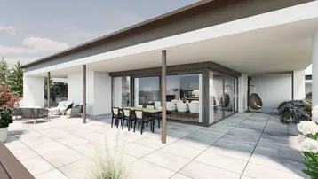Große, moderne Terrasse mit Essbereich und Lounge-Möbeln, ideal für Entspannung im Freien.