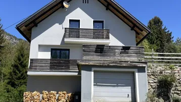 Vorderansicht eines Einfamilienhauses mit integrierter Garage, zwei Balkonen und gestapeltem Brennholz auf dem Rasen.