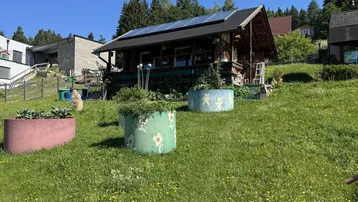 Rustikales Gartenhaus mit Photovoltaikanlage auf dem Dach und bunten Pflanzkübeln.