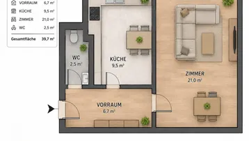 Übersichtlicher Grundriss einer 2-Zimmer-Wohnung mit separater Küche, WC und Balkonzugang.