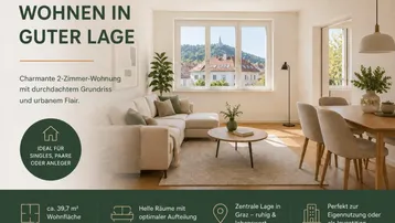 Heller Wohn- und Essbereich mit großen Fenstern, moderner Einrichtung und Blick auf die Stadt.
