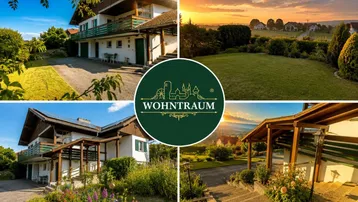 Vier Ansichten des Hauses mit Garten, Terrasse und weitem Blick bei Sonnenuntergang.