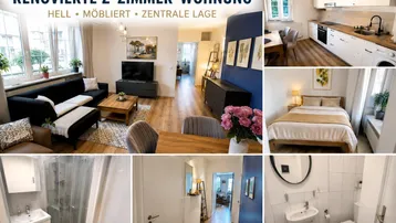 Übersicht der renovierten 2-Zimmer-Wohnung mit modernem Wohnbereich, Küche, Schlafzimmer und Bädern.