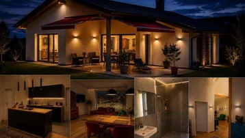Nachtaufnahme des Hauses mit beleuchteter Terrasse und Einblicken in verschiedene Innenräume.