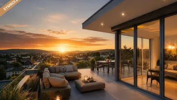 Geräumige Dachterrasse mit Lounge-Möbeln und atemberaubendem Sonnenuntergangsblick über die Stadt.