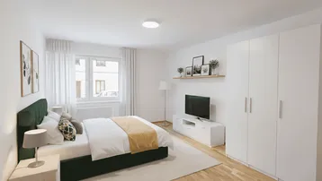 Helles Schlafzimmer mit Holzboden, großem Fenster und moderner Einrichtung.