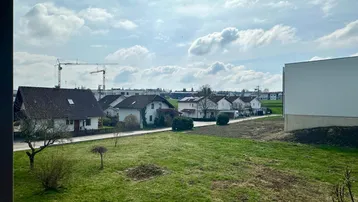 Blick über eine grüne Wiese auf eine Wohnsiedlung mit Häusern und Baukranen im Hintergrund.