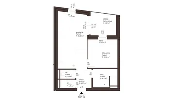 Grundriss einer Wohnung mit Wohnzimmer, Schlafzimmer, Bad, WC, Abstellraum und Loggia.