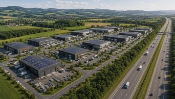Luftaufnahme eines modernen Gewerbeparks mit mehreren Gebäuden, Solaranlagen auf den Dächern und einer Autobahn, umgeben von grüner Landschaft.