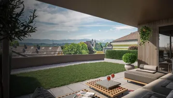 Geräumige Terrasse mit modernen Loungemöbeln und Panoramablick auf die Berge und Stadt.
