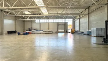 Geräumige Lagerhalle mit hoher Decke, Oberlichtern und Betonboden, bereit zur Nutzung.