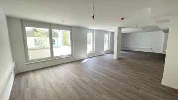 Großer, leerer Raum mit Holzoptik-Boden und mehreren Fenstern, die viel Tageslicht hereinlassen.