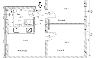 Grundriss einer Wohnung mit Wohnküche, zwei Zimmern, Bad und Vorraum, inklusive Flächenangaben.